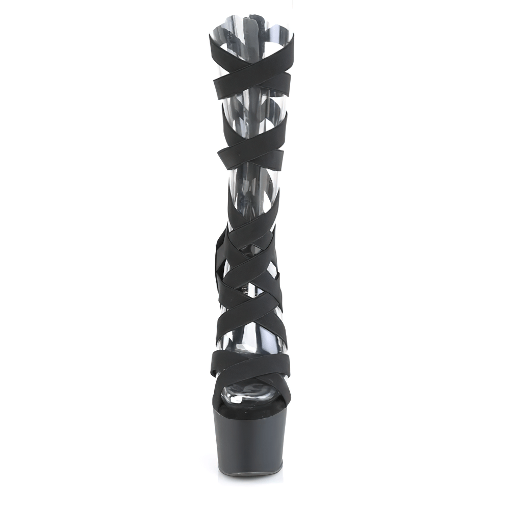 PLEASER Criss-Cross Strappy Platform Black Sandals with a towering heel and elastic straps for a chic look.