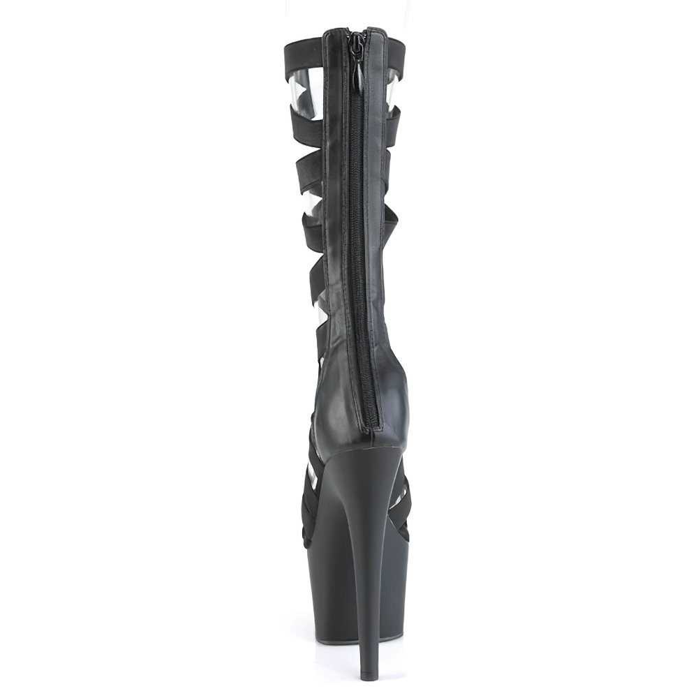 Elegant black criss-cross strappy platform sandals with back zip closure and towering heel, showcasing a chic design.