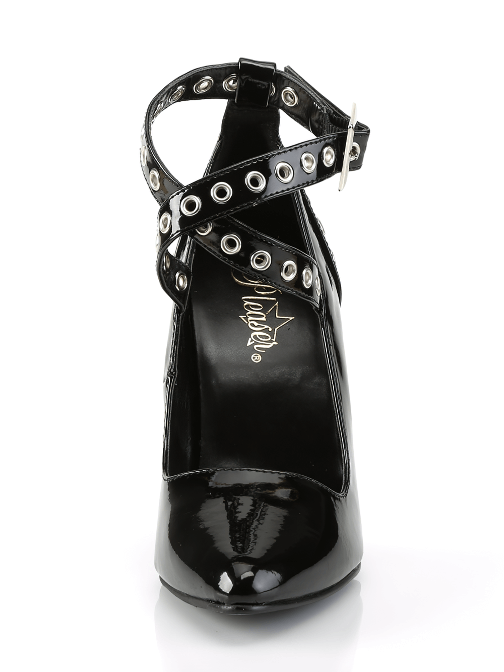 PLEASER Crisscross Eyelet Shoes with 5-Inch Heels and Buckle