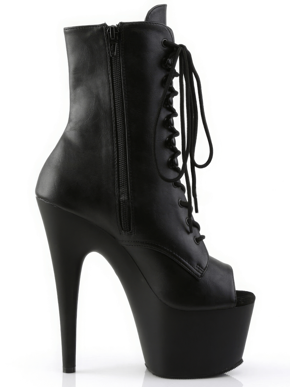 Stylish black peep toe lace-up ankle boots with stiletto heel and side zip for easy wear.