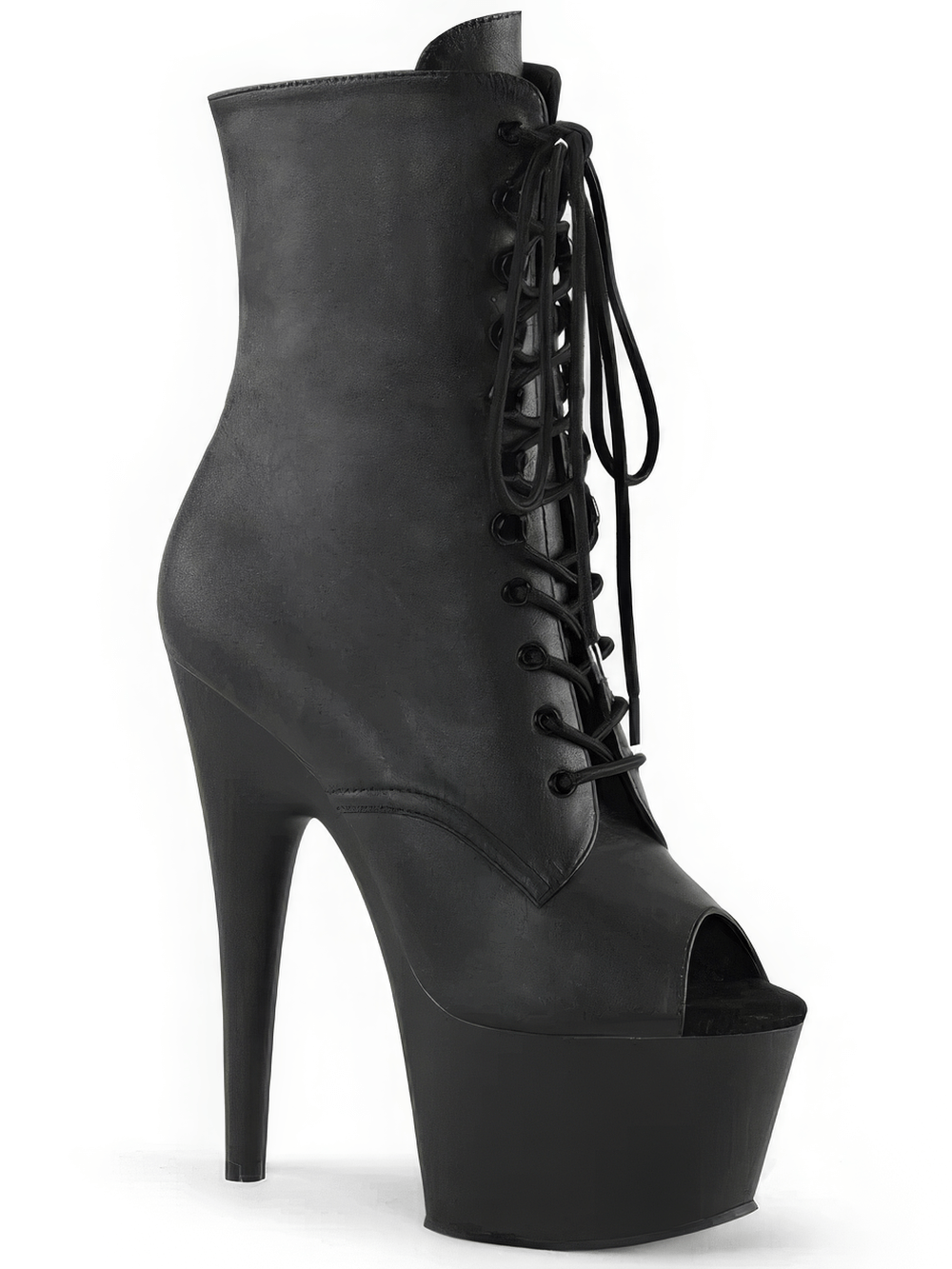 Daring black peep toe lace-up ankle boots with stiletto heels and platform. Stylish and edgy footwear.