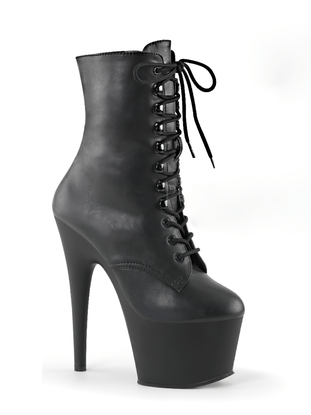 Bold black stiletto ankle boots with lace-up design and 7-inch heels, perfect for dance or making a statement.