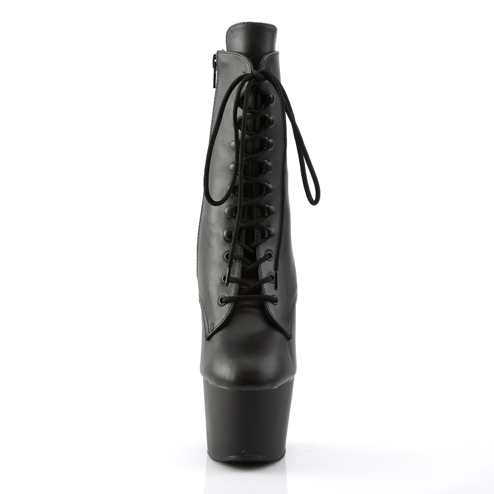 Bold black stiletto lace-up ankle boots with side zip and striking 7-inch heels, perfect for making a statement.