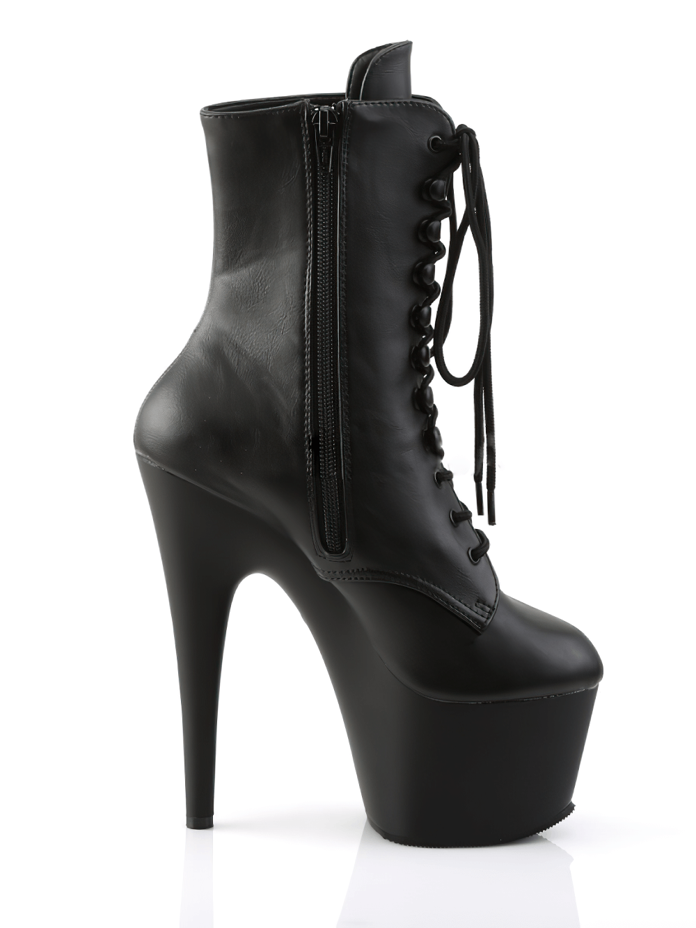Bold black stiletto ankle boots with lace-up design and side zip closure for added height and style.