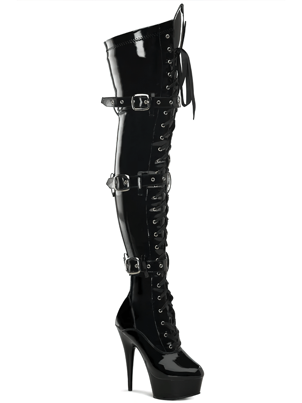Daring black thigh-high stiletto boots with triple buckle straps and lace-up design for a bold, sophisticated look.