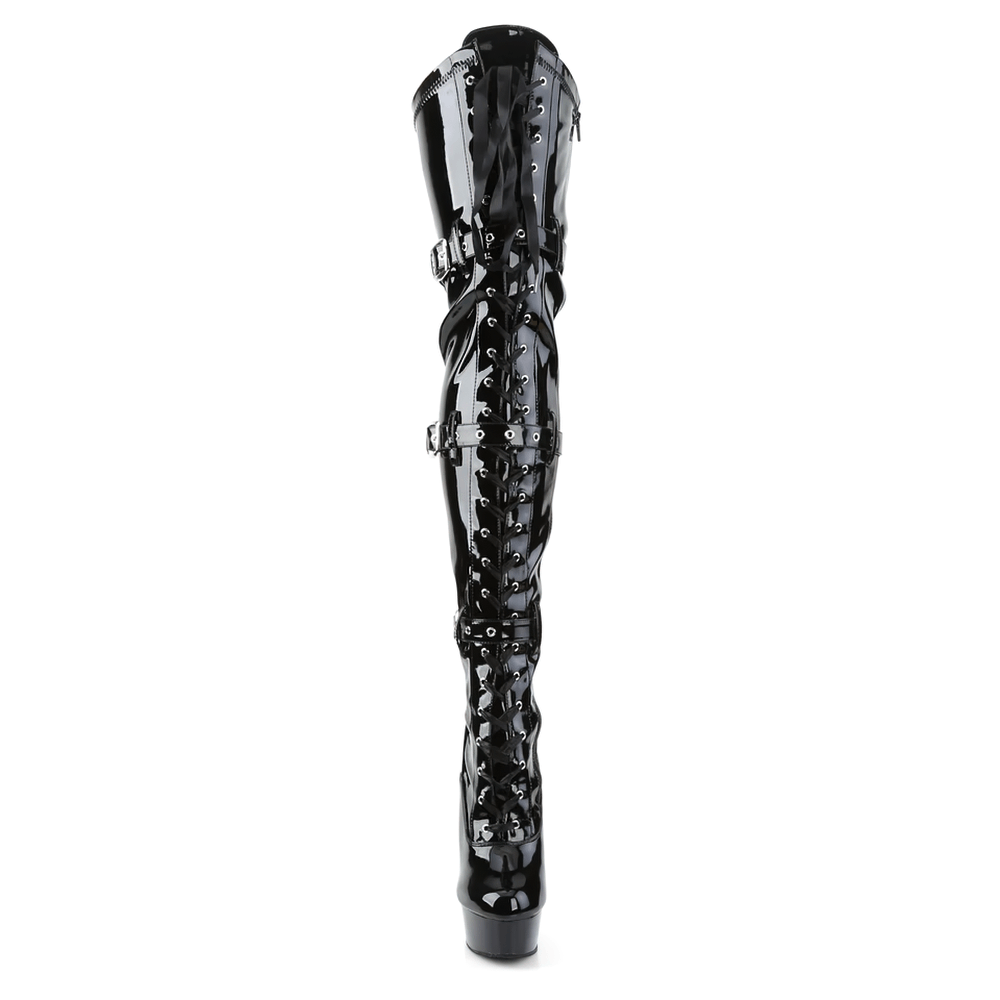 Sleek black thigh high boots with triple buckles and ribbon lace details for a daring, sophisticated look.