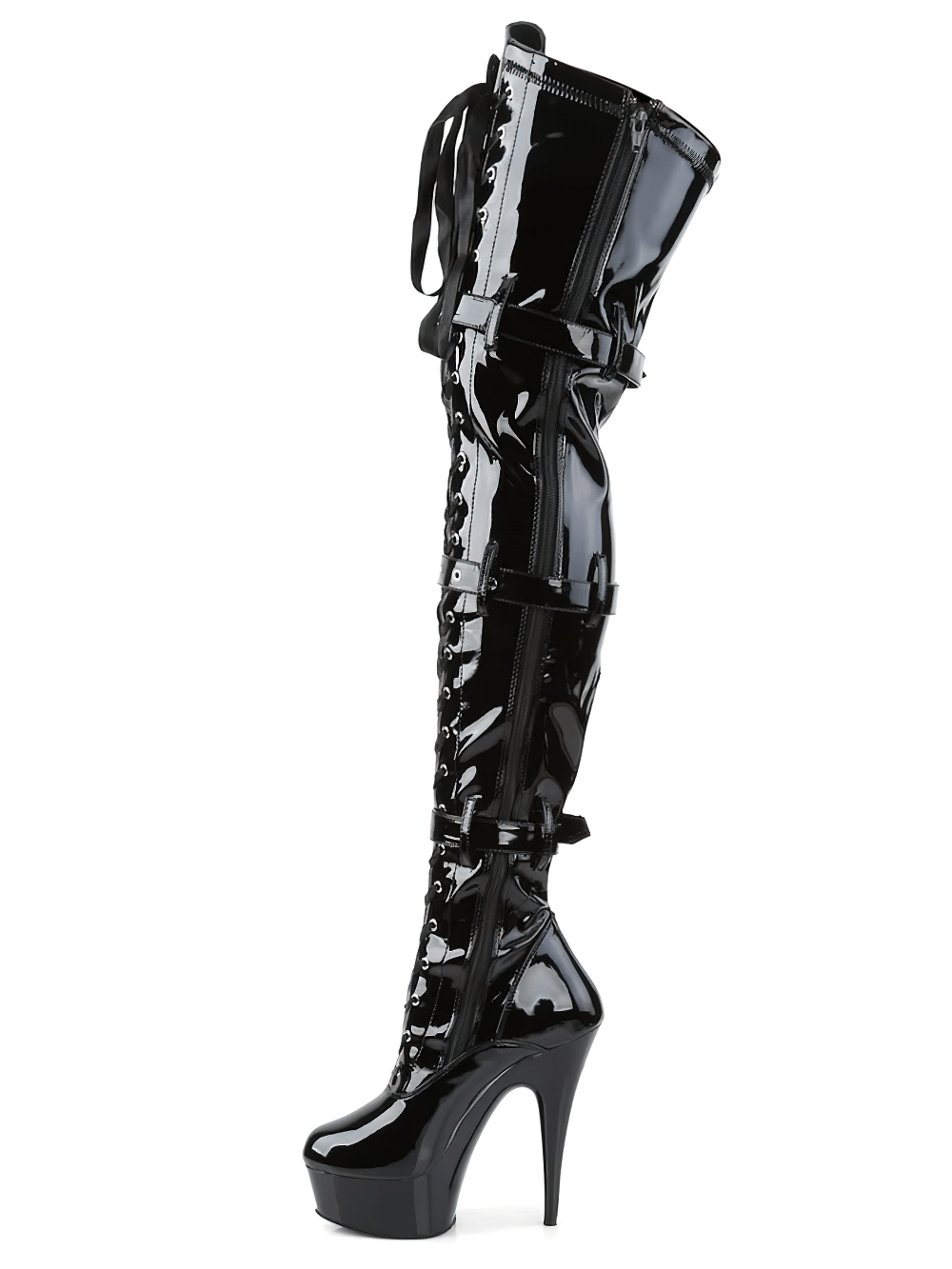 Sleek black thigh-high boots with ribbon lace-up and triple buckle straps, featuring a high stiletto heel.