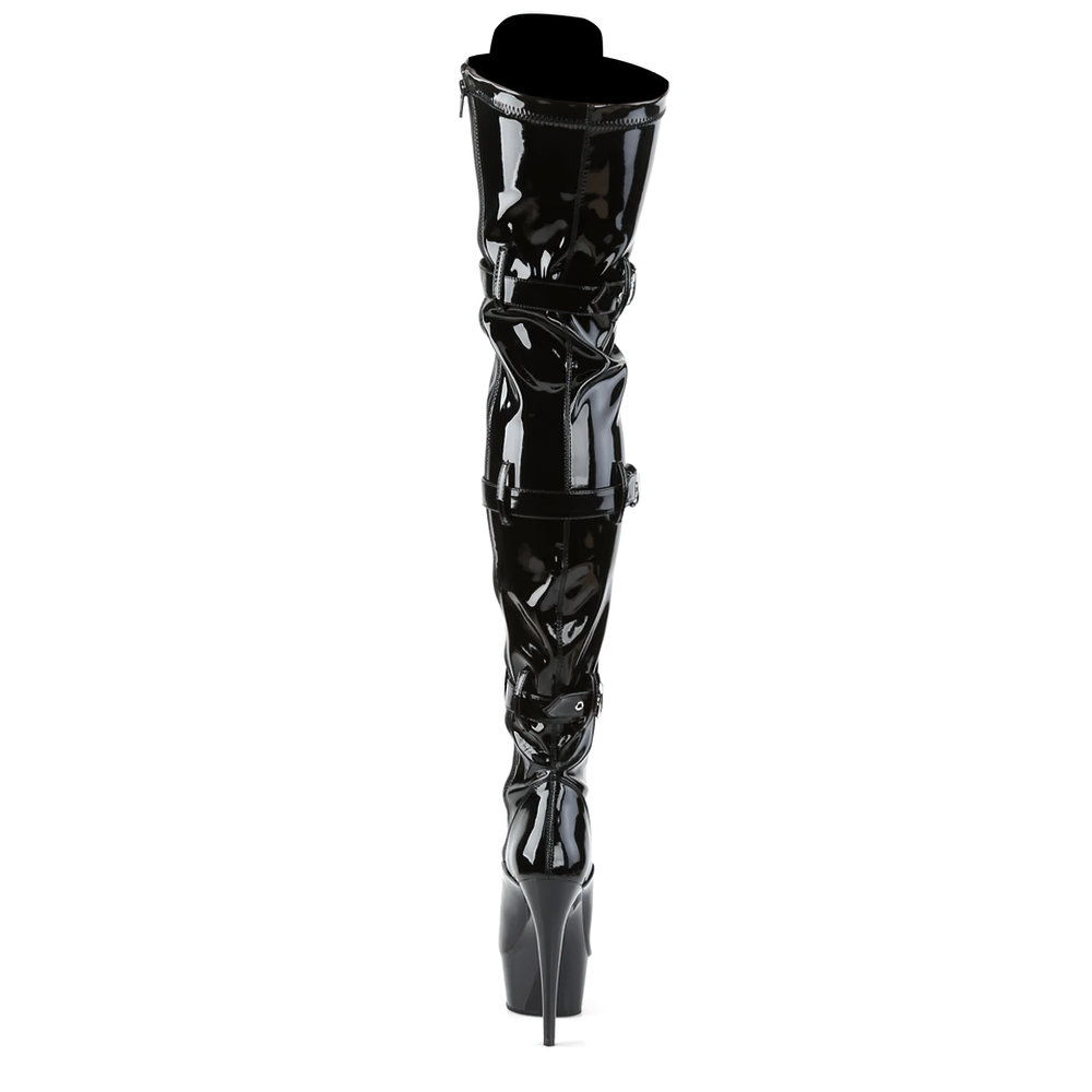 Back view of Pleaser Daring Triple Buckle Strap Thigh High Boots with a sleek glossy finish and tall stiletto heel.