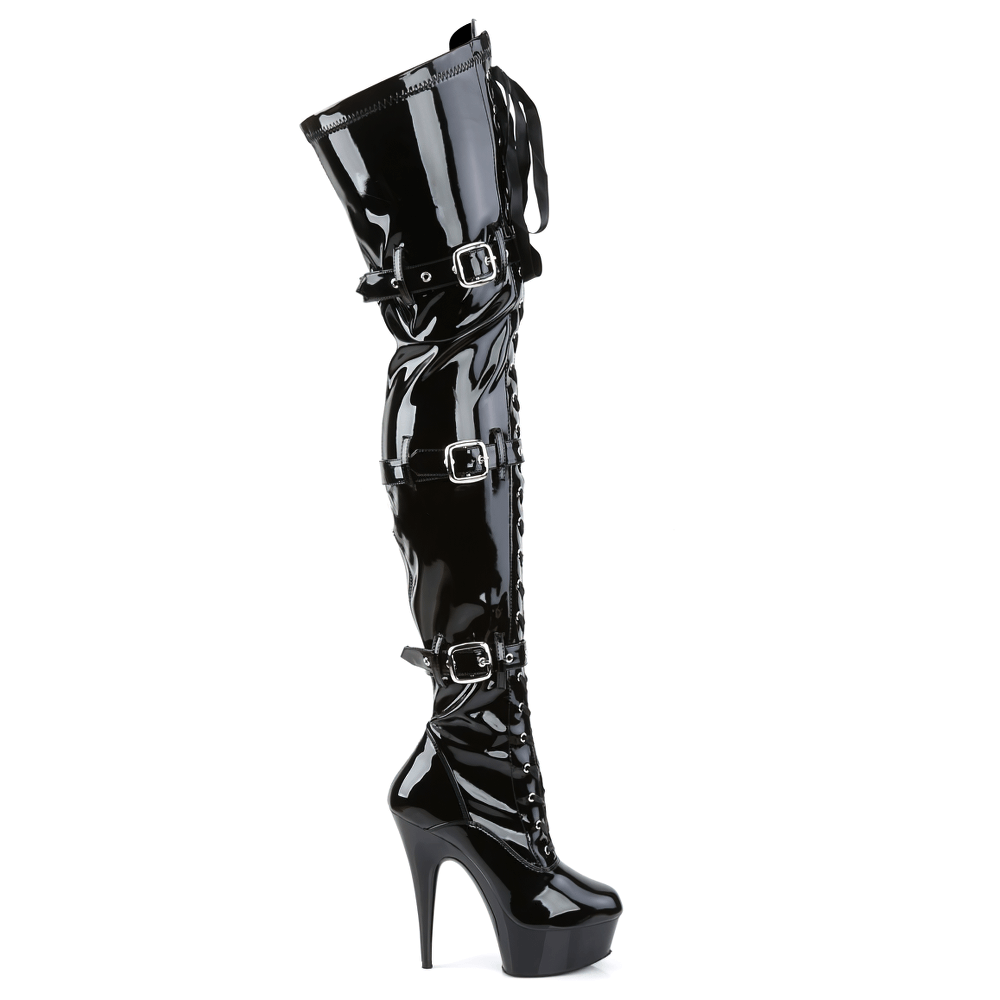 PLEASER Daring Triple Buckle Strap Thigh High Boots with stiletto heel and ribbon lace-up detail, exuding daring elegance.