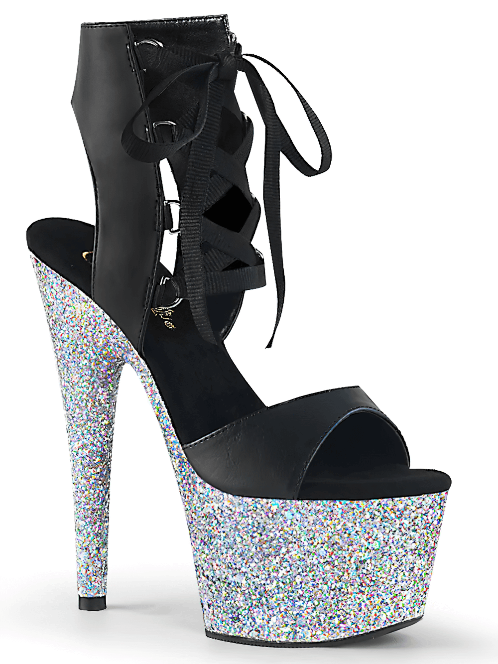 Striking black and silver lace-up ankle sandals with high heel and glittery platform.