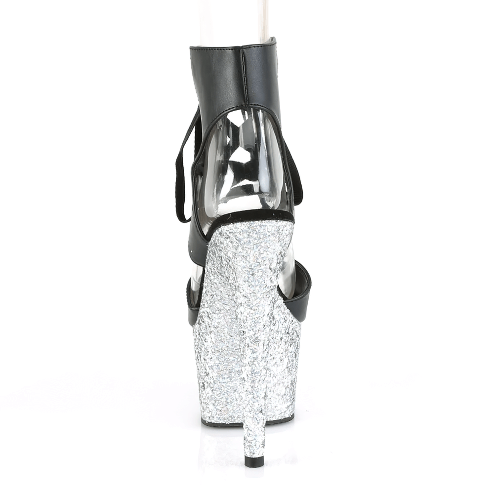 Back view of PLEASER Dazzling black and silver lace-up ankle sandals with a glitzy high heel.