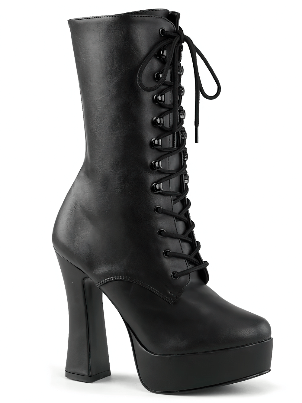 Stylish black lace-up ankle boots with a 5-inch stacked heel and platform for a bold edge.
