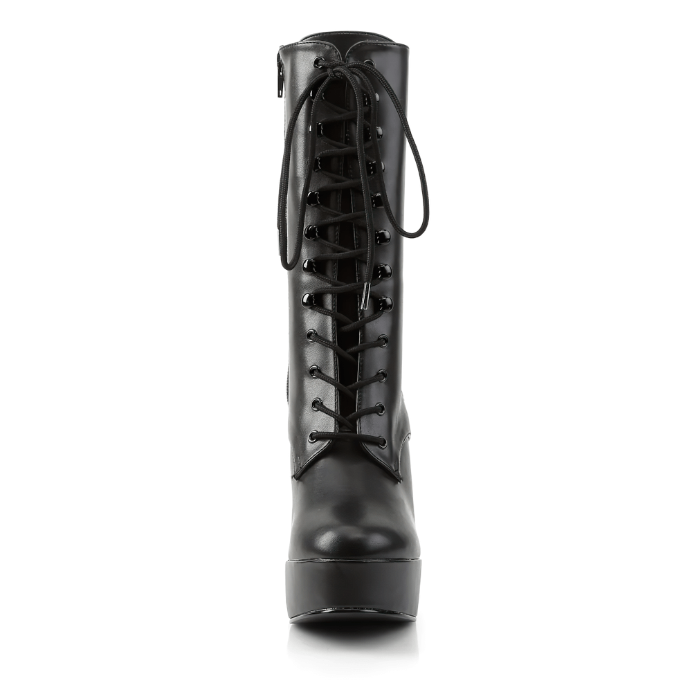 Chic black platform ankle boots with lace-up front and sleek design, perfect for edgy fashion moments.