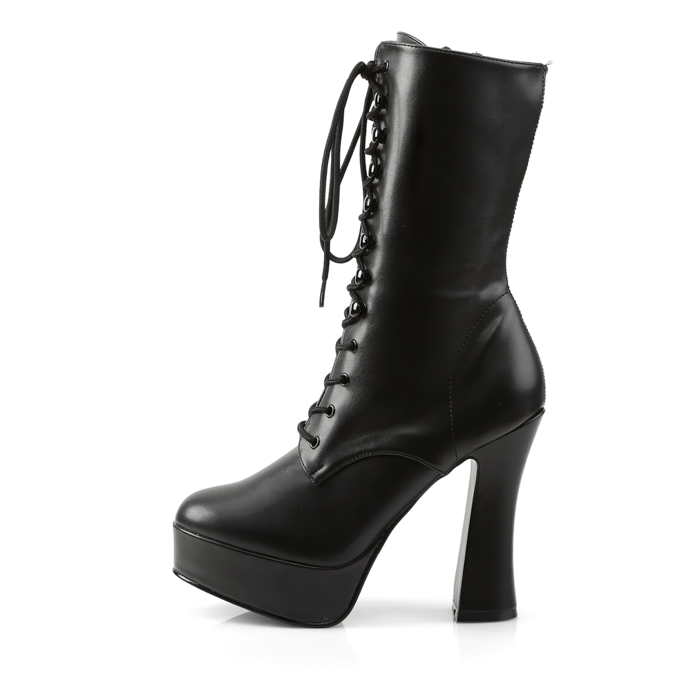 Chic black ankle boots with a stacked heel and platform, featuring a stylish lace-up design.