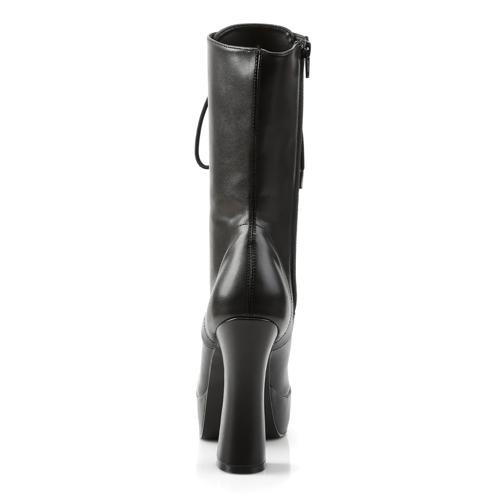 Back view of PLEASER edgy black ankle boots with stack heel and platform, featuring a full inner zipper.