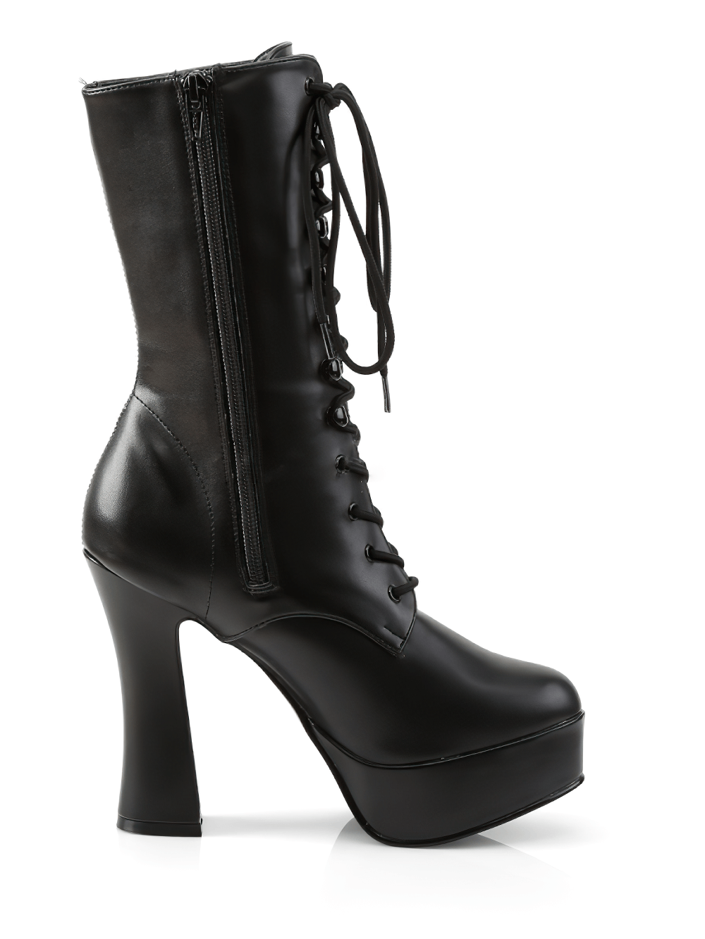 Chic black ankle boots with stack heel, platform, and inner zipper for edgy style.