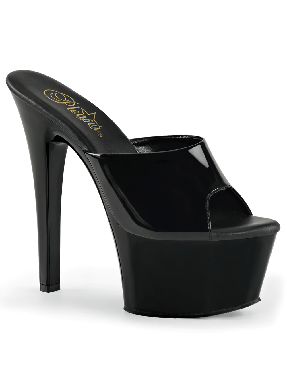 High-heeled platform slides by Pleaser in glossy black, featuring a 6-inch heel and chic design for elegant style.