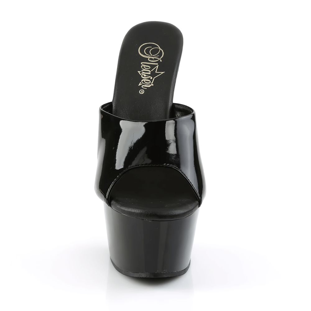 Close-up of PLEASER edgy black high-heeled platform slides showcasing glossy finish and open-toe design.