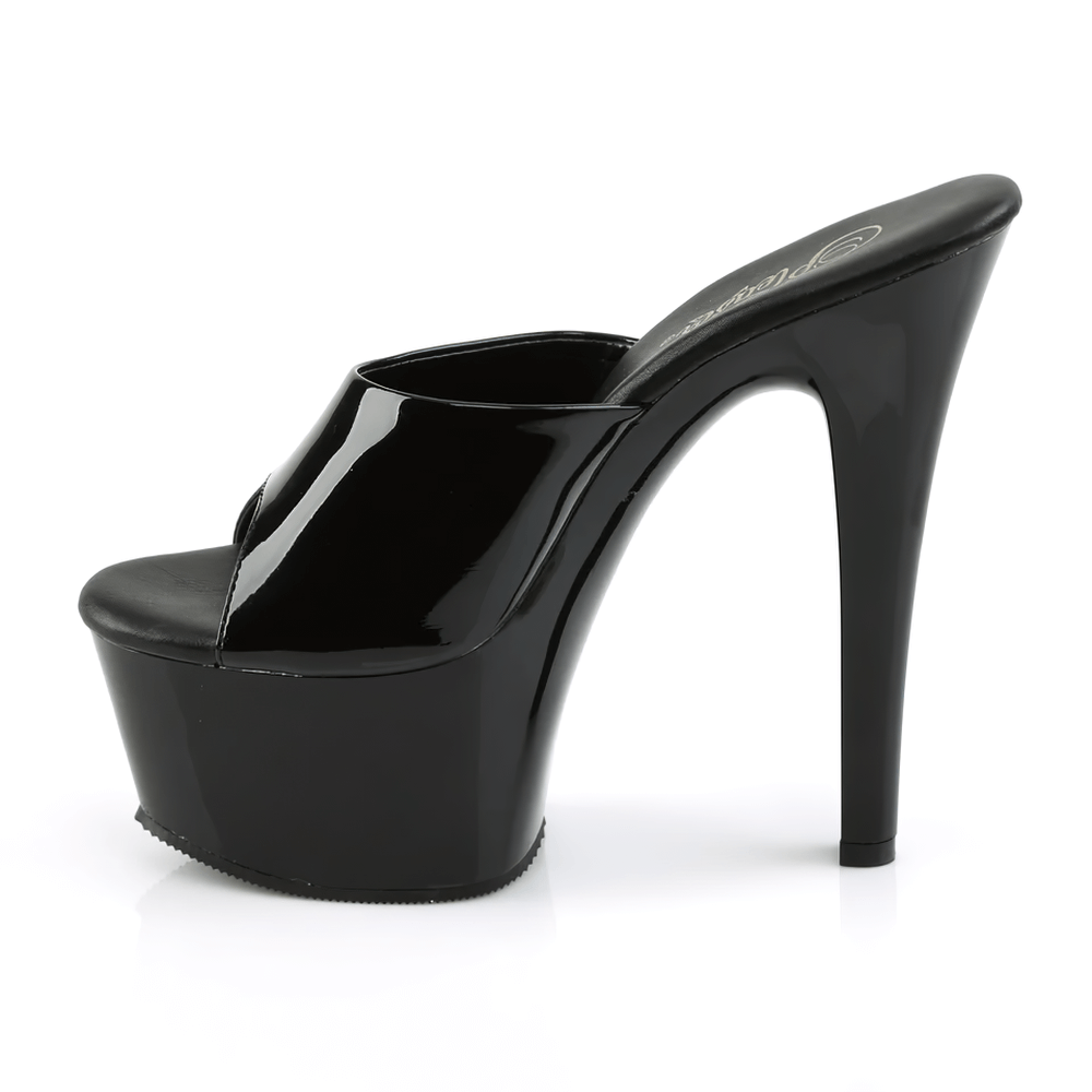 Stylish black high-heeled platform slide sandals for women with a 6-inch heel and glossy finish.