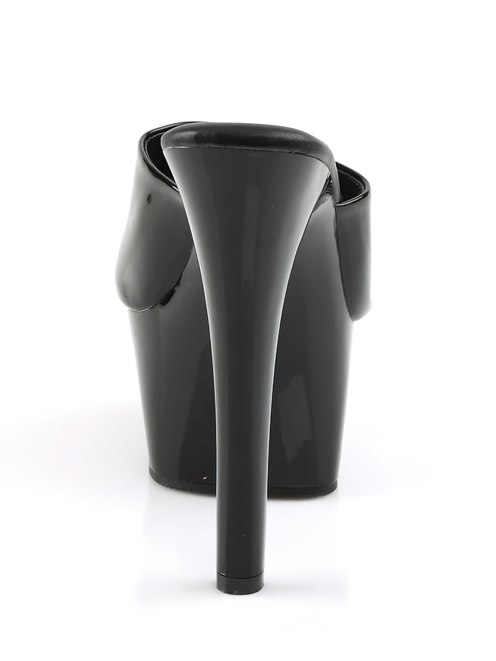 Elegant black high-heeled platform slide sandals with a glossy finish from the back view.