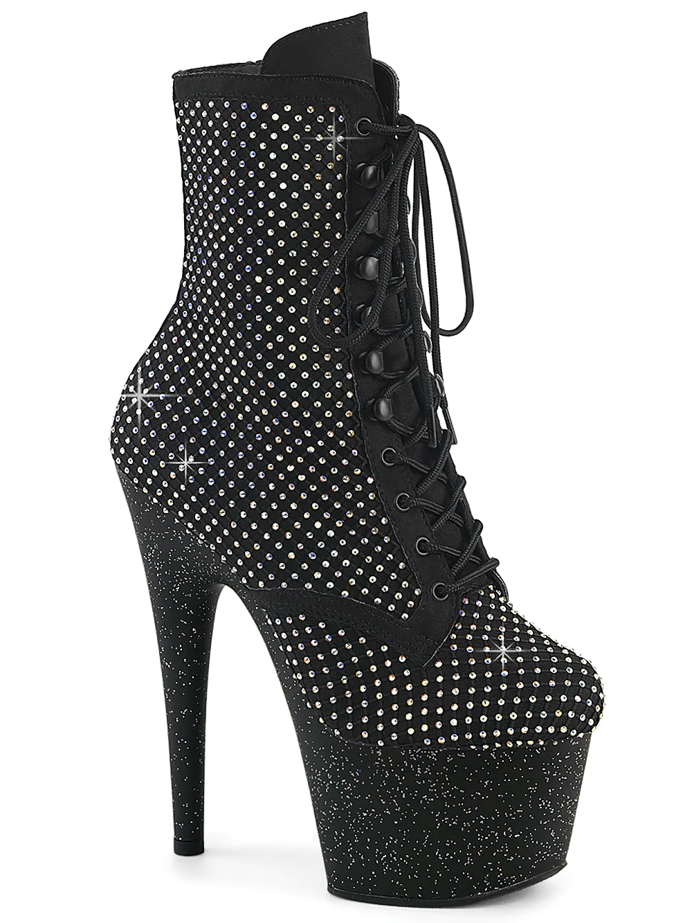 Dazzling black rhinestone lace-up ankle boots with a high platform and eye-catching sparkle, perfect for edgy fashion.
