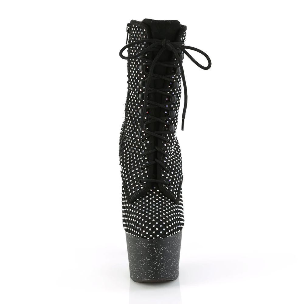 Edgy black rhinestone lace-up ankle boots with a striking platform and dazzling AB rhinestone mesh overlay.