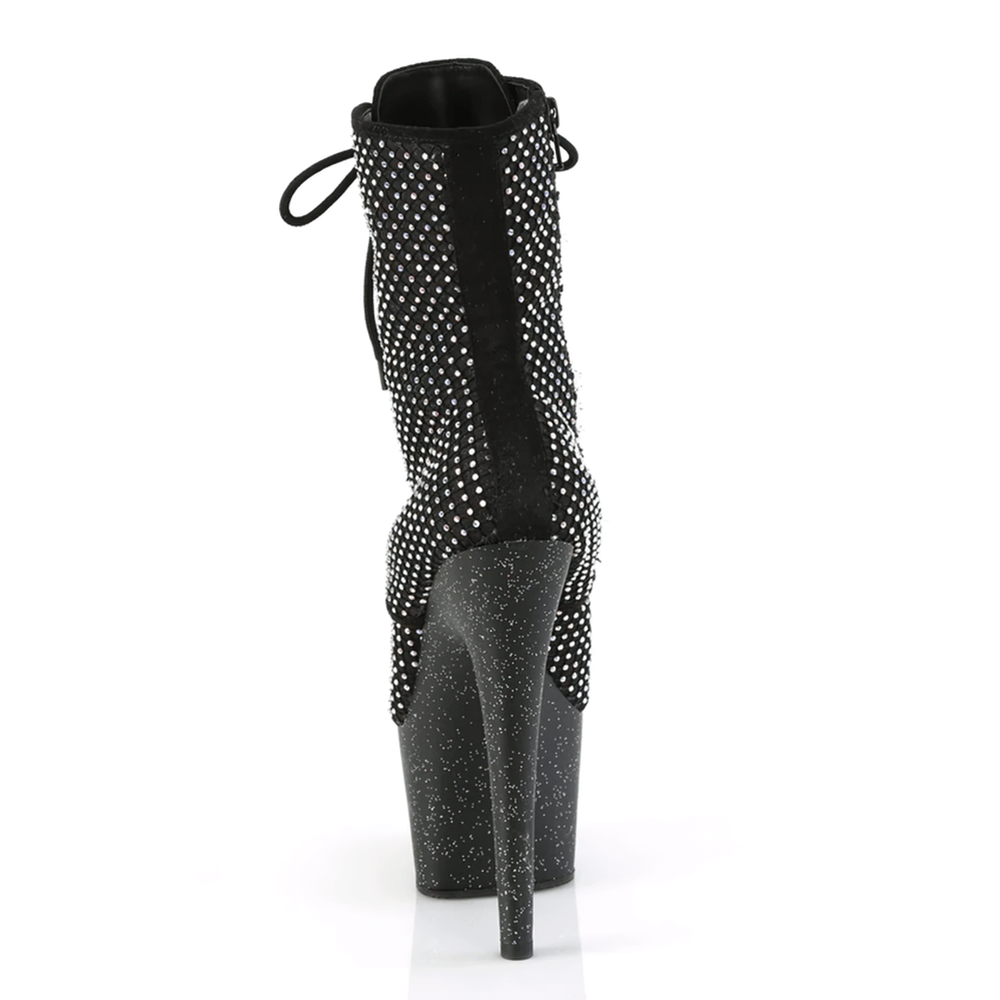 Edgy black lace-up ankle boots with rhinestones and high heel, showcasing a mesmerizing AB glitter platform.