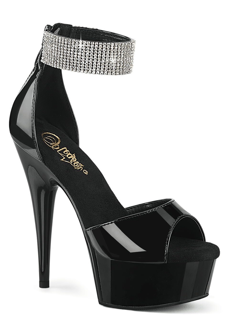 Elegant black stiletto sandals with rhinestone ankle cuff, 6-inch heel and platform, perfect for glamorous occasions.