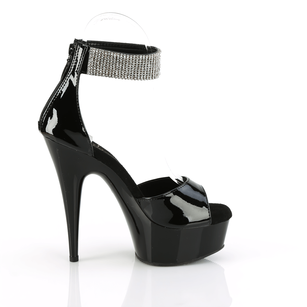 Elegant black sandals with rhinestone ankle cuff and stiletto heel for a glamorous look.