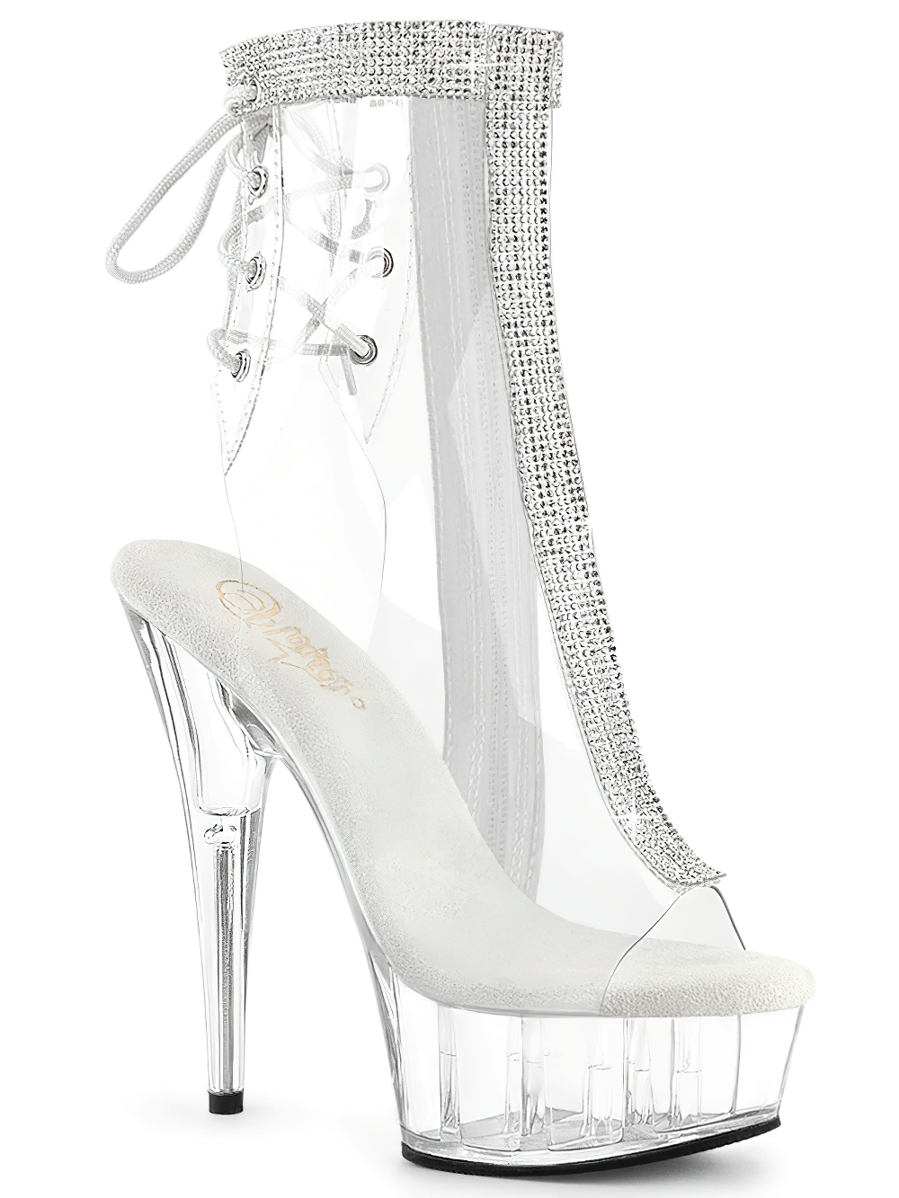 Elegant clear rhinestone lace-up heels with 6-inch heel and open-toe design for dazzling alternative fashion.
