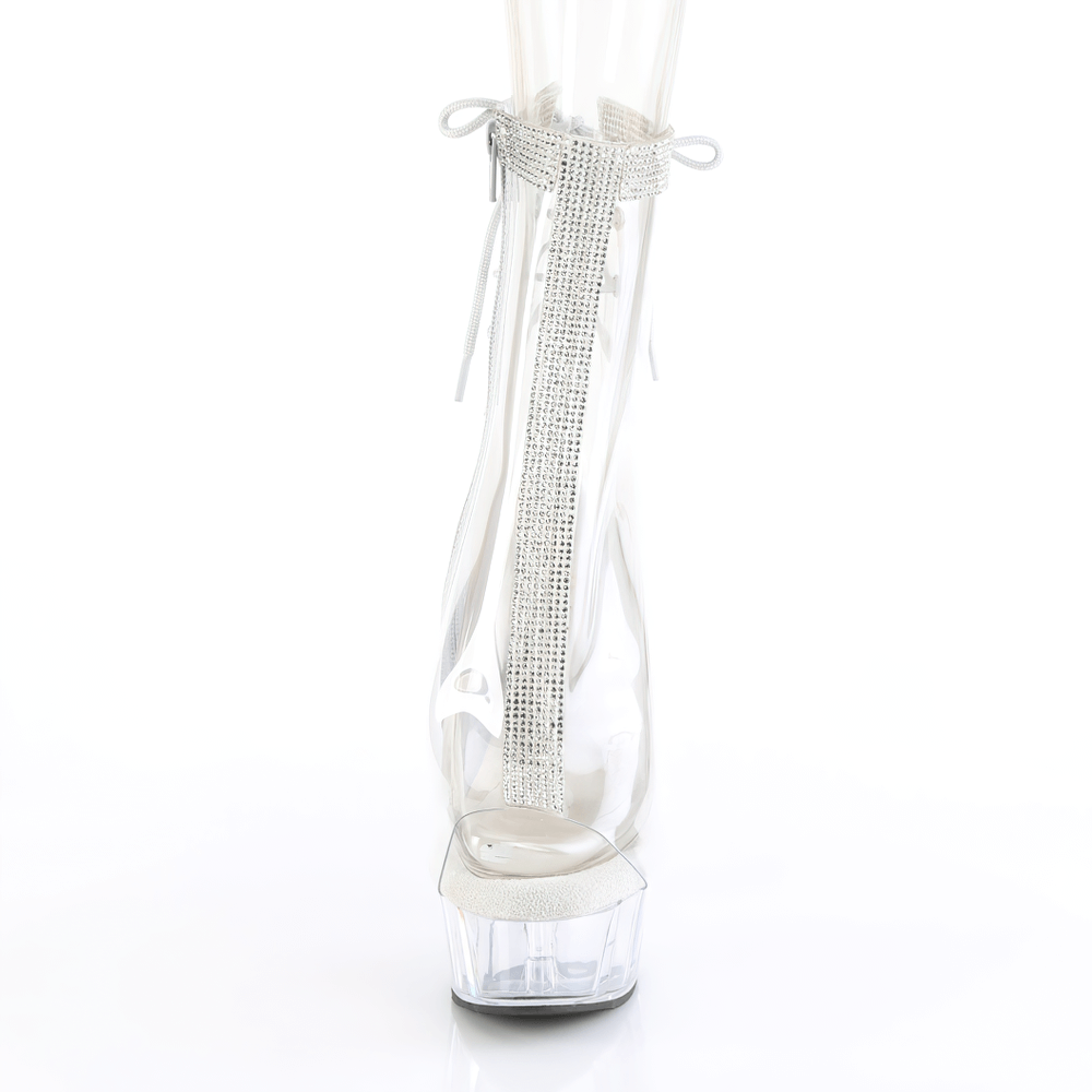 Elegant clear rhinestone lace-up heels with open toe and dramatic heel, ideal for alternative fashion lovers.