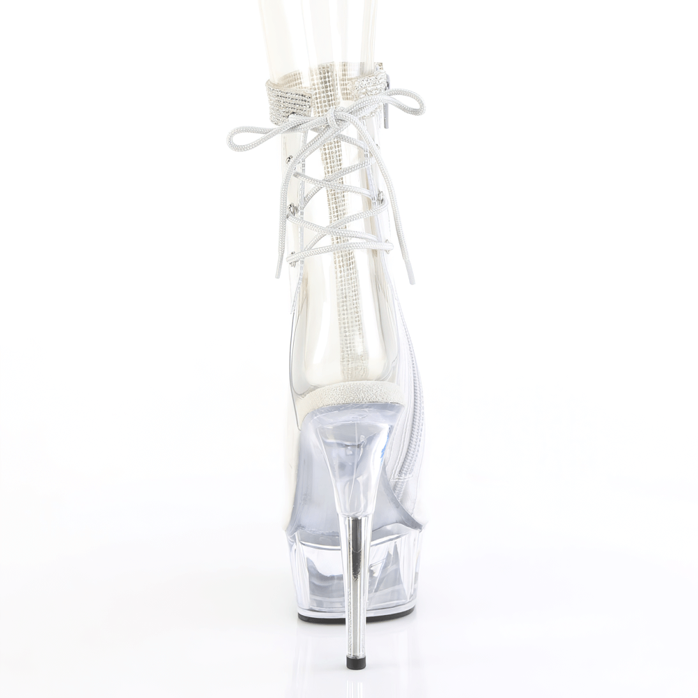 Elegant clear rhinestone lace-up heels with open toe, 6-inch heel and platform, perfect for alternative fashion.