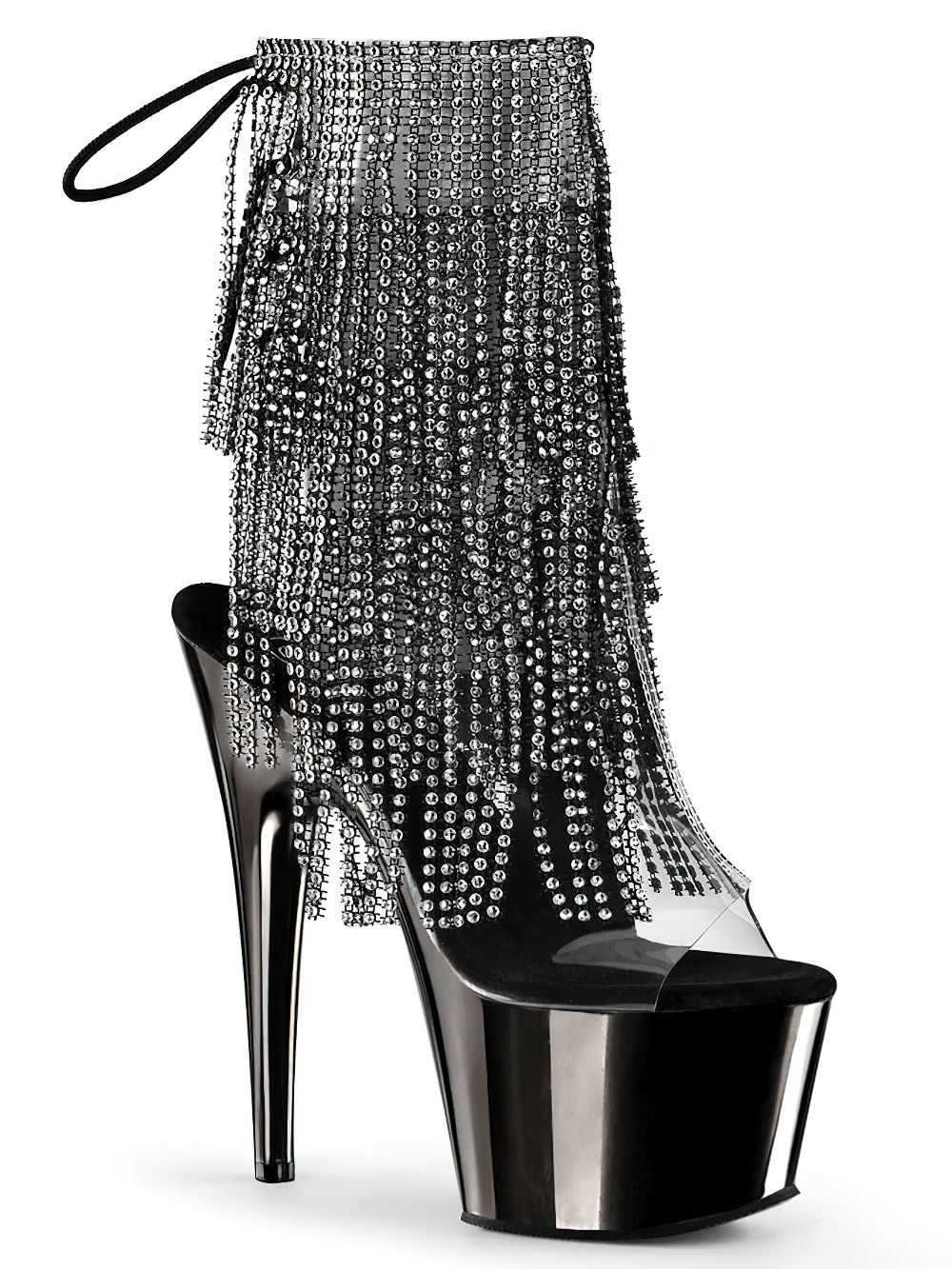 Stylish Pleaser ladies stiletto shoes with dazzling chrome fringe and open-toe design, perfect for making a statement.
