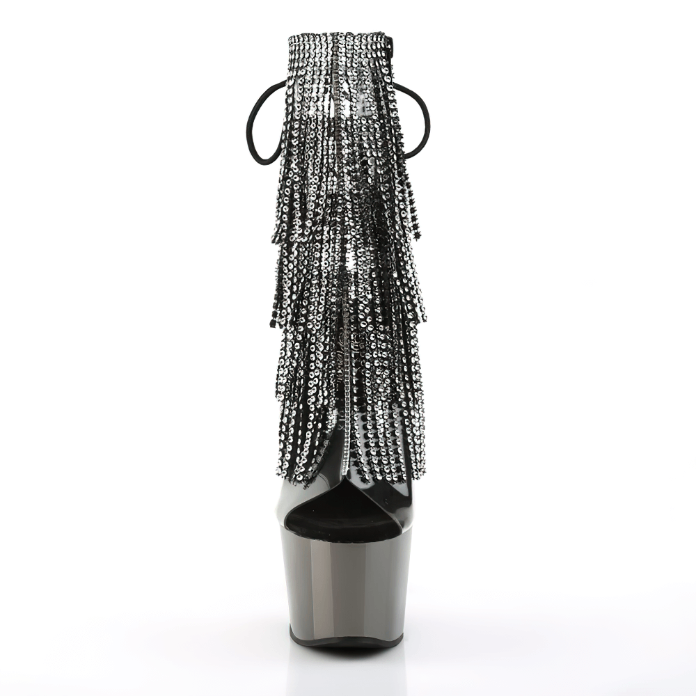 Black stiletto fringe boots for women, featuring dazzling chrome-plated platform and rhinestones.