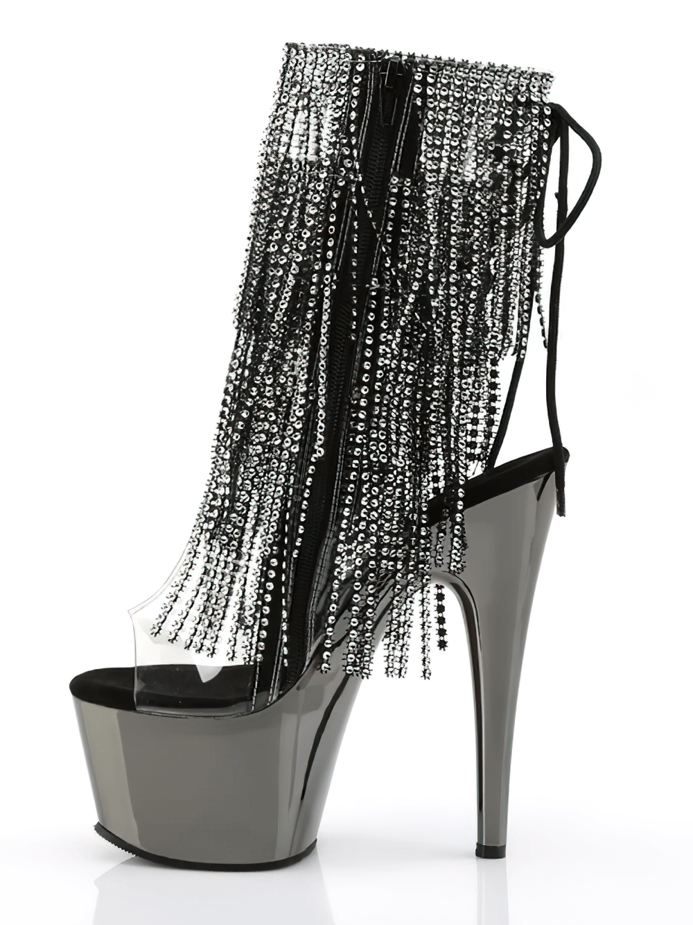 PLEASER Elegant Ladies Sequin Fringe Stiletto Shoes with chrome-plated platform and dazzling fringe detail.