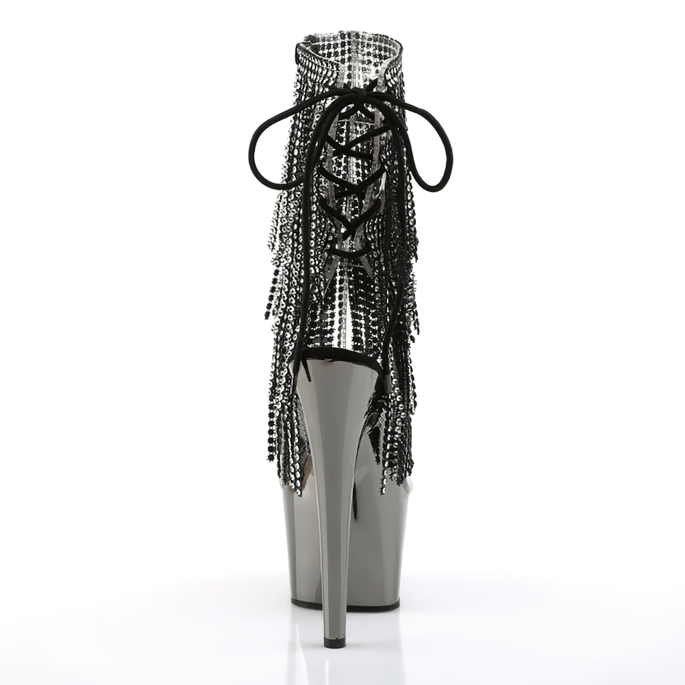 Back view of PLEASER Elegant Ladies Sequin Fringe Stiletto Shoes with chrome-plated details and lace-up design.