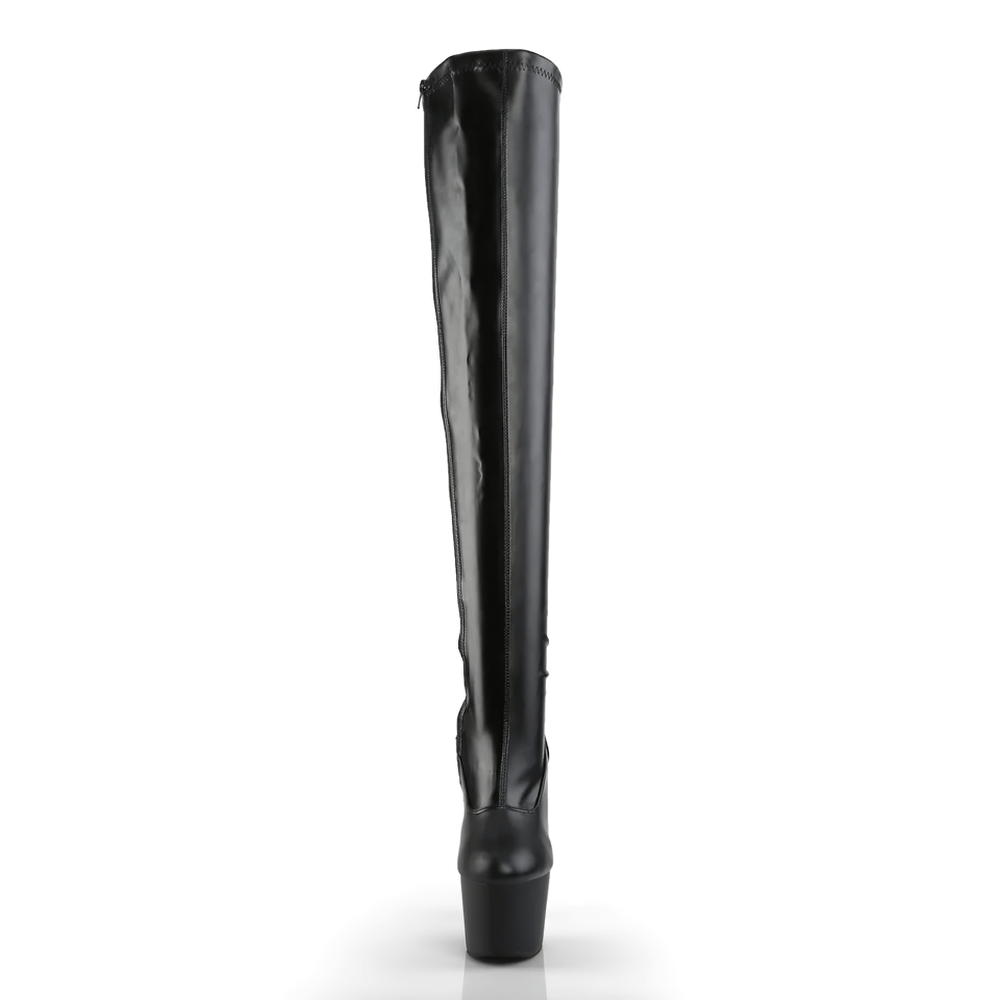 Sleek black thigh-high boots with a stiletto heel and shiny finish, featuring a full inner side zipper.