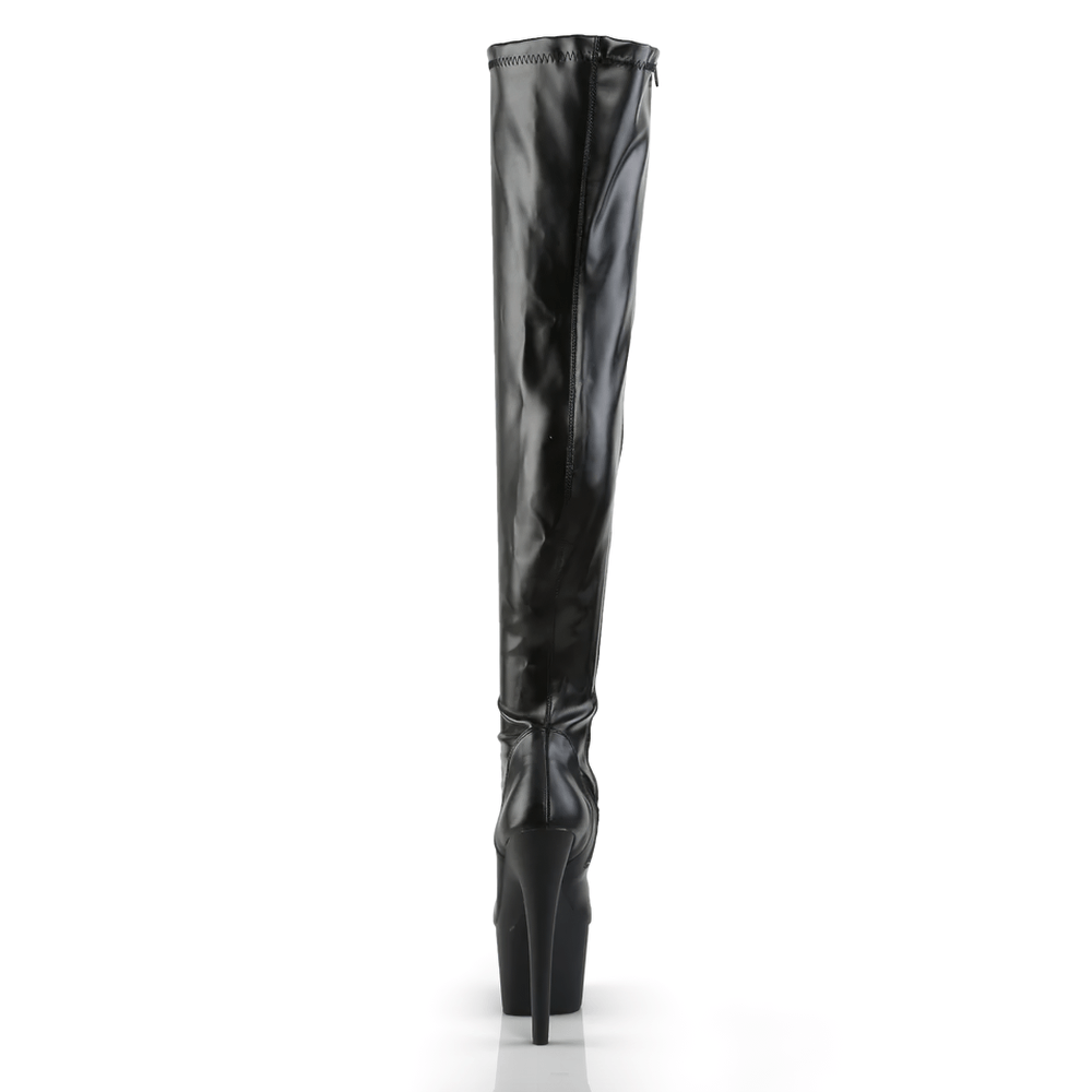 Sleek black thigh-high boots with a stiletto heel and inner zipper, perfect for a bold fashion statement.