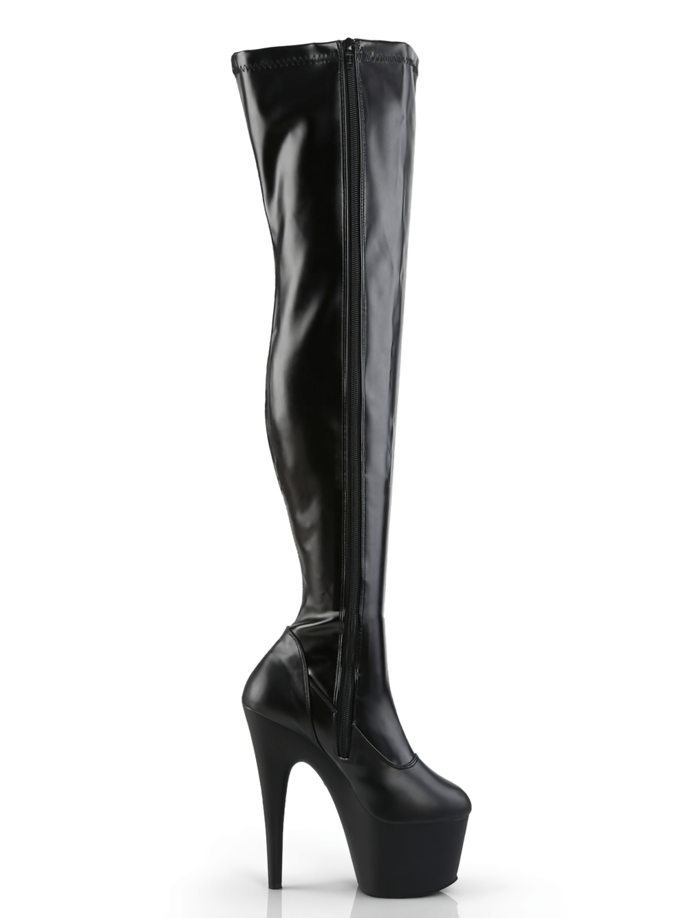 Black thigh-high stiletto platform boots with zipper, showcasing a sleek and bold design for daring footwear lovers.