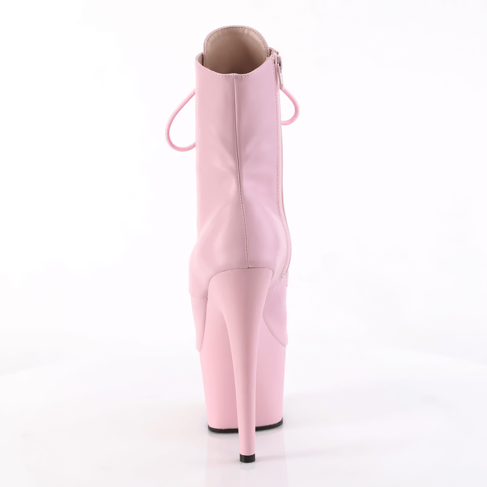 Back view of elegant pink stiletto lace-up ankle boots with side zip and 7-inch heels.