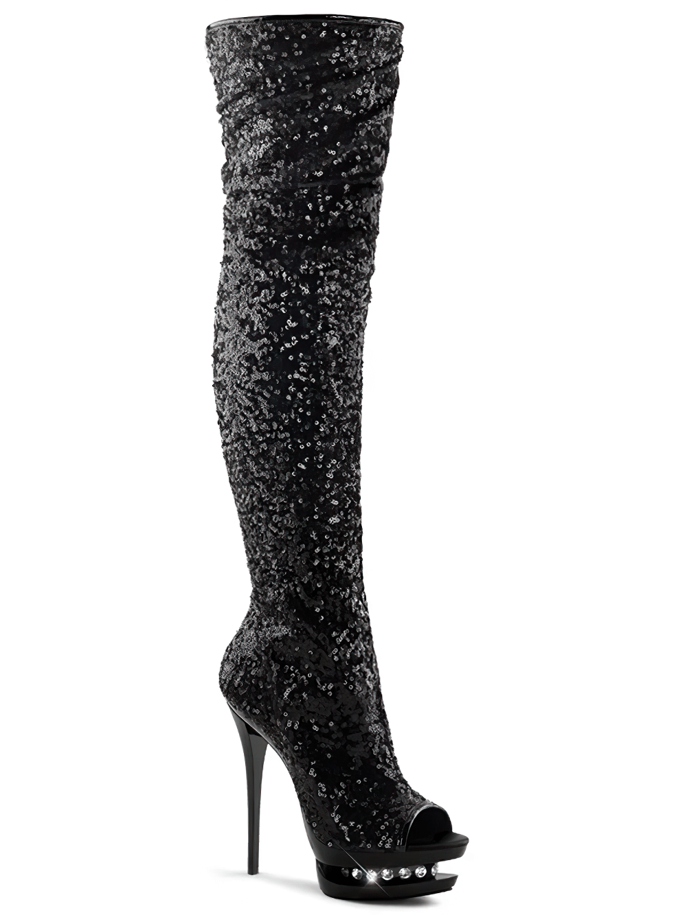 Stylish black thigh-high stiletto boots with rhinestones and open-toe design, perfect for glamorous occasions.