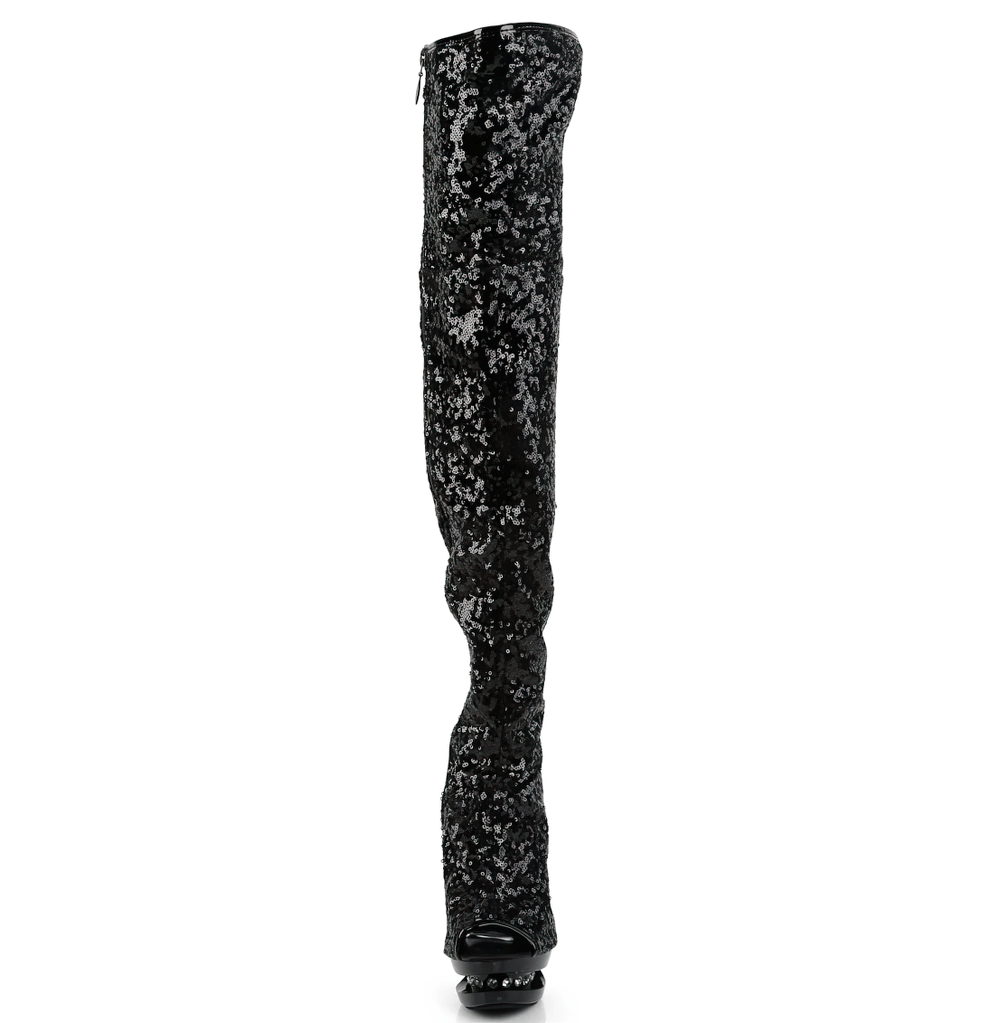 Glamorous PLEASER stiletto open-toe thigh boots with rhinestones and 6-inch heels, perfect for any stylish outfit.