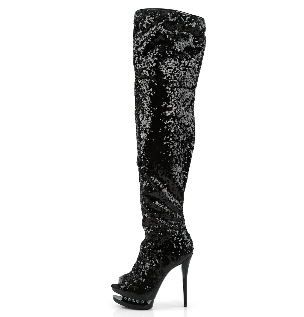 Glamorous black thigh-high stiletto boots with rhinestone embellishments and open toe, perfect for any chic outfit.