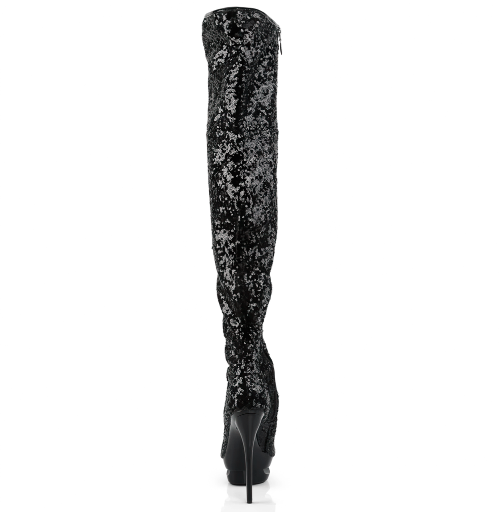 PLEASER Elegant Stiletto Open Toe Thigh Boots with Rhinestones, showcasing a glamorous silhouette from the back.