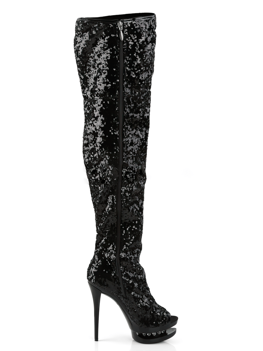 Glamorous Pleaser stiletto open toe thigh boots with rhinestones, featuring a full inner side zipper and sleek design.