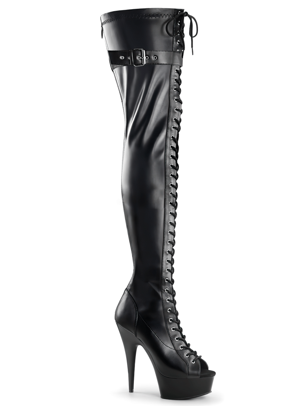 Bold black lace-up thigh-high stiletto boots with peep-toe and stylish buckled strap accent.