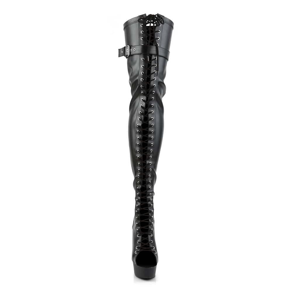 Black thigh-high lace-up stiletto boots with peep-toe and stylish buckle detail, showcasing bold elegance.