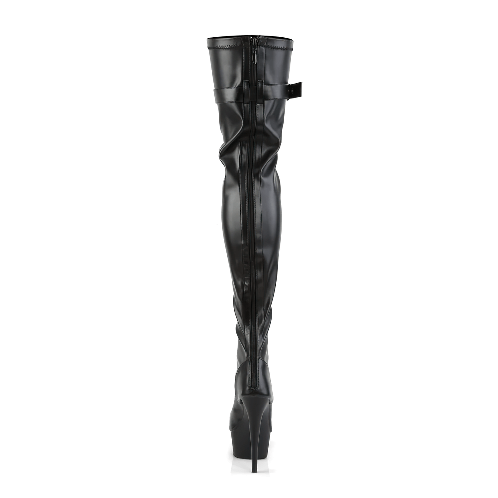 Black thigh-high lace-up boots with stylish buckled strap and stiletto heel, featuring a full-length back zip.