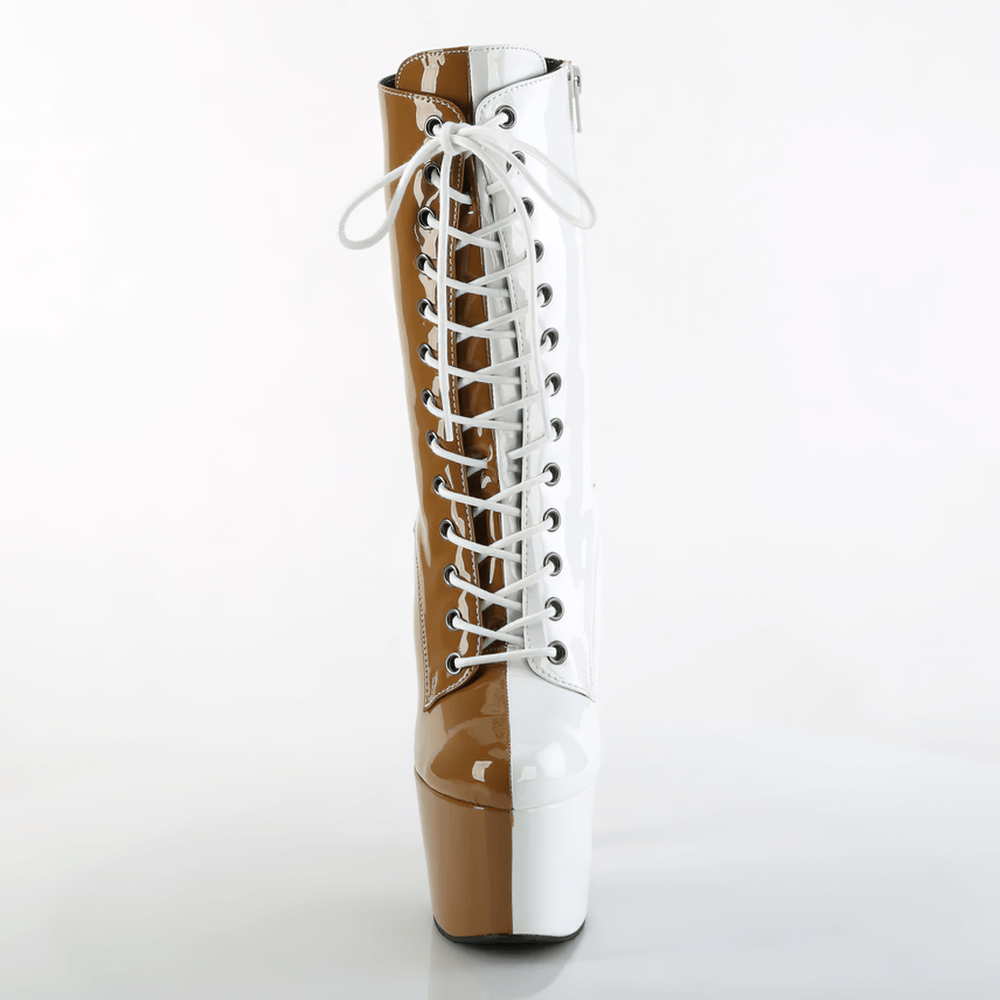 Edgy two-tone lace-up patent ankle boots with high platform heels and inner side zip for easy wear.