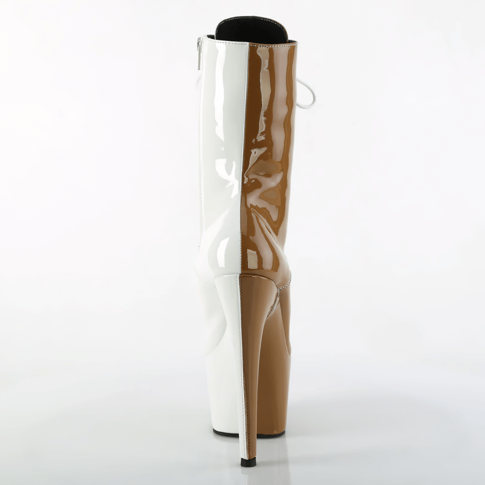 Rear view of PLEASER two-tone lace-up patent ankle boots with a sleek 7-inch heel and elegant design.